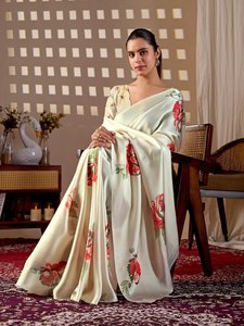 Wholesale Elegant Cream Ivory <b>Saree</b> Luxury Soft Satin Silk <b>Red</b> Floral Printed Indian Traditional Wear Women Party Sari Contrast - Product Image 5