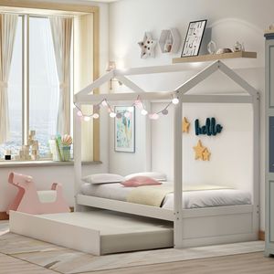 Letto per bambini bianco vecchio stile SKUSM000103AAK con letto estraibile decorabile - Product Image 5