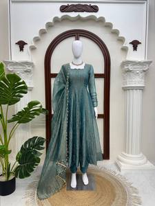 <b>Teal</b> Floor-Length Anarkali <b>Suit</b> With Embroidery For <b>Women</b> Traditional Indian Wear Wedding Style Loose Fit Rayon Dress - Product Image 3
