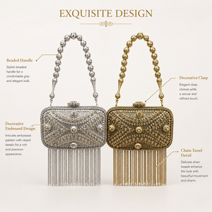 Bolso de Mano de Metal de Lujo con Asa de Cuentas, Bolso de Mano Decorativo con Relieve, Bolso de Fiesta con Borlas de Cadena para Mujer - Product Image 6