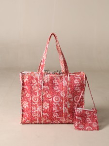 OEM Assorted Red Floral Quilted Cotton Tote <b>Bag</b> with Pouch - Eco-Friendly <b>Boho</b> Reusable Shopper - Product Image 1