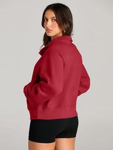Sweat-shirt rouge à col montant et demi-zip, couleur unie, manches longues, en polaire, coupe oversize, grande taille, haut d'automne pour femme - Product Image 4
