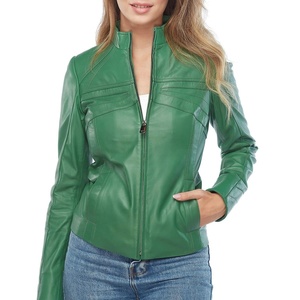 Chaqueta Bomber Transpirable de Piel de Vaca Verde para Mujer, Manga Larga, Cuello Alto, Cierre de Cremallera, Estilo Otoñal - Product Image 1