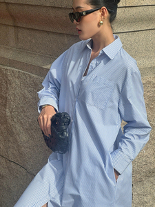 Vestido Camisero Midi Informal de Oficina, Manga Larga, Minimalista, Transpirable, Popelina 100% Algodón, Prelavado con Enzimas, Rayas, Botones al Frente, Verano - Product Image 2