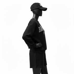 Ensemble sweat-shirt et short pour femme 100% coton, coton brossé de qualité supérieure, coupe décontractée, noir avec logo imprimé en strass, ensemble pour femme - Product Image 3