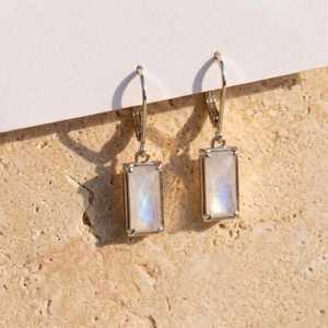 925 Sterling Silver Rectangle Natural Moonstone Drop <b>Earrings</b> Handmade Trendy Engagement Party Jewelry for Women - Product Image 6