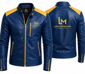Chaqueta de Motociclista para Hombre Long Mission, de Cuero Azul, con Cuello Mao, Cierre de Cremallera, Logotipo Bordado en la Parte Delantera, Resistente al Viento - Product Image 2