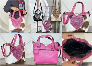 กระเป๋าถือผู้หญิงหนังวัวแท้ลายหัวใจสีชมพูสุดฮิต ดีไซน์เก๋ ทำมืออย่างหรูหรา พร้อมหูหิ้วและสายสะพายข้าง - Product Image 3