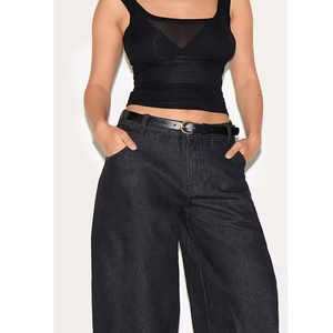 Jean large noir taille haute pour femme, coupe ample, denim délavé vintage, pantalon baggy streetwear - Product Image 4