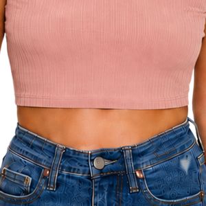 Top Corto Acanalado Rosa Pálido para Mujer, Manga Corta, Cuello Redondo, Ajuste Delgado, Camiseta Casual de Punto, Moda de Verano, Algodón Elástico y Spandex - Product Image 6