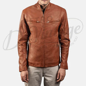 เสื้อแจ็คเก็ตหนังแท้สีน้ำตาลแทนพรีเมียมสำหรับผู้ชาย ทรงเข้ารูป คอตั้ง ซิปคลาสสิก สไตล์นักขี่มอเตอร์ไซค์ เสื้อคลุมสตรีทแวร์ - Product Image 2