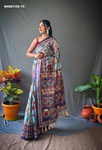 Beautiful Excellent Quality Cotton with Kalamkari Digital Print & Tassels <b>Saree</b>-<b>Blouse</b> Collection Supplier from Surat - Product Image 4