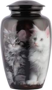 Urna de cremación de aluminio con acabado negro brillante con diseño de gatito, diseñada para guardar y honrar cenizas humanas de forma segura. - Product Image 6