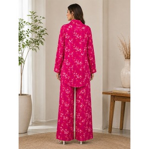 Premium Women's Floral Printed 2 Piece Co-Ord Set Long Sleeve High-Low Button <b>Down</b> Shirt with Wide Leg <b>Trousers</b> Casual Wear - Product Image 2