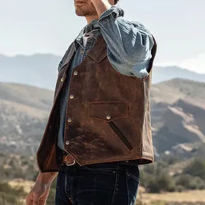 <b>Men</b>’s Fashion Vintage Distressed Brown Leather Biker Vest Western Cowboy Motorcycle Waistcoat Wholesale Manufacturer - Product Image 3