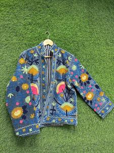 <b>Women</b> Sky Blue <b>Velvet</b> Suzani Embroidered <b>Jacket</b> with Floral Pattern Full Sleeve Stand Collar Bohemian <b>Women's</b> Spring Outerwear - Product Image 4