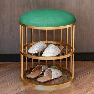 Pouf ottoman de luxe en métal avec coussin en velours, finition dorée, rond, avec rangement, pour salon, chambre, hôtel - Product Image 2