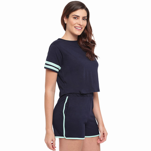 Conjunto Casual de 2 Piezas para Mujer, Color Azul Marino, Camiseta de Manga Corta con Ribete Verde Menta, Pantalones Cortos con Cintura Elástica, Transpirable y Ligero, Atuendo de Verano - Product Image 3