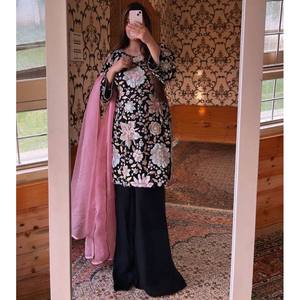Designer <b>Chiffon</b> Party Wear Top and Bottom with Three-Quarter Sleeves and Dupatta - Product Image 4