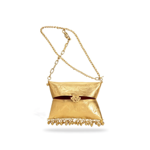 Handmade <b>Gold</b> Tone Metal Evening Bag with Bell Fringe and Chain Strap - Product Image 2