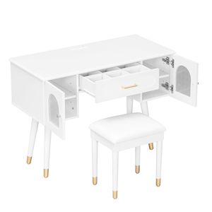 Modern Elegant White <b>Vanity</b> Makeup Table and Chair Set Modern Dressing Table with Organizer Writing <b>Desk</b> Charging Port - Product Image 6