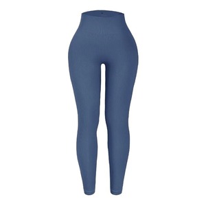 Leggings de Yoga de Cintura Alta, Acanalados, Largos, Color Morado Sólido, Sin Costuras, Elásticos en Cuatro Direcciones, Transpirables, con Cintura Elástica, Pantalones de Spandex/Nailon - Product Image 3