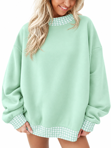 Casual Mockneck <b>Top</b> Gingham Trim Sweatshirt <b>Long</b> <b>Sleeve</b> Pullover Design Loose Comfortable Fit Everyday Fashion Clothing - Product Image 2
