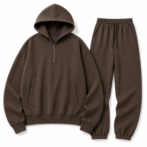 Conjunto de sudadera con capucha y pantalón de chándal de dos piezas para hombre, con media cremallera, de mezcla de algodón, corte holgado, estilo urbano casual, liso - Product Image 4