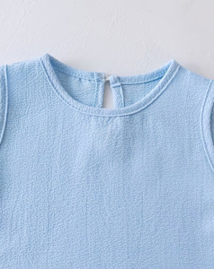 Girls Blue Sleeveless Top Shorts Set Sweet Style Solid Color Breathable Cotton Two Piece Outfit - Product Image 3