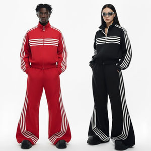 Survêtement unisexe rétro d'hiver imprimé, écologique, léger, 100% coton, veste zippée à rayures latérales, pantalon large évasé - Product Image 3