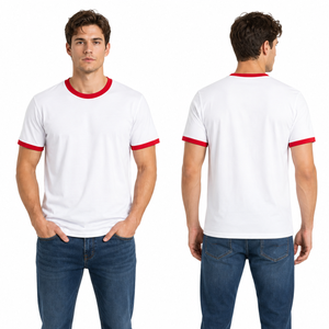 T-shirt homme personnalisé avec logo, col côtelé contrastant, manches blanches et rouges, coupe ajustée en coton, vente en gros - Product Image 4