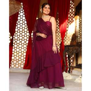 Sari indien de créateur pour femmes, couleur bordeaux, avec blouse à sequins, pour occasions de mariage, taille XS, en viscose. - Product Image 2