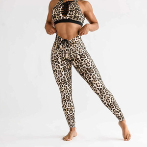 Women's New High Waist Leopard Print Yoga Leggings Full Length Drawstring Four-Way Stretch Activewear <b>Pants</b> - Product Image 3