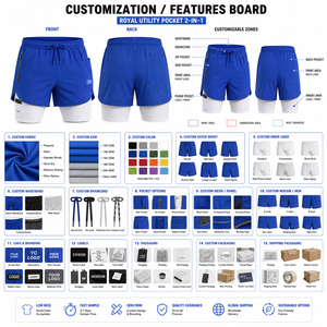 Shorts de course pour hommes personnalisables en gros, couleur bleu uni, taille mi-haute, cordon de serrage, séchage rapide, sportifs, avec logo sur les poches - Product Image 5