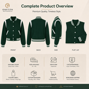 Women's Cropped Varsity Jacket Green <b>White</b> Contrast Panel Snap Closure OEM Supplier Custom Logo - Product Image 2