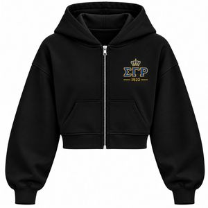 <b>Black</b> <b>Zip</b> Up <b>Hoodie</b> with Greek Letter Embroidery Fleece Sweatshirt Kangaroo Pocket Ribbed Cuffs and Hem Custom Pullover Style - Product Image 1