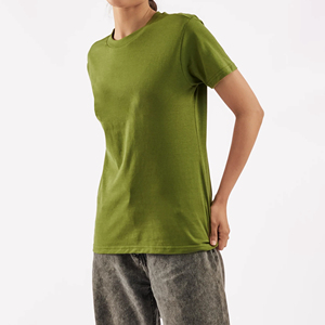 Camiseta de Cuello Redondo Verde Oliva para Mujer, Corte Regular, Manga Corta, 100% Algodón Jersey, Informal, Transpirable, Color Sólido, para Todas las Temporadas - Product Image 3