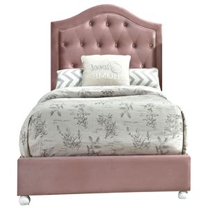 Letto matrimoniale imbottito rosa con elegante testiera capitonné - Product Image 1