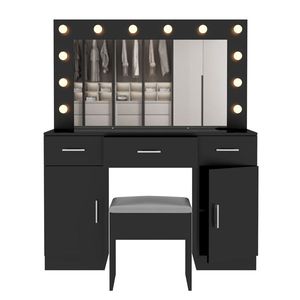 Large Lighted <b>Mirror</b> <b>Makeup</b> Vanity Desk Set with 3 Drawers 2 Cabinets Wood Top Vanity Table for Dressing Power Outlet Included - Product Image 5