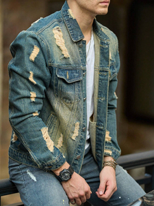 Men's Distressed <b>Denim</b> <b>Jacket</b> Casual Slim Fit <b>Lightweight</b> Stonewashed Cotton <b>Jacket</b> Streetwear Style Men's <b>Jacket</b> - Product Image 6