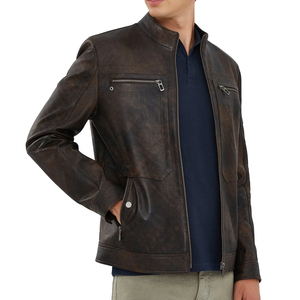 <b>Men's</b> Genuine <b>Leather</b> Moto <b>Jacket</b> Stand Collar Zipper Closure Washed Finish Regular Fit Autumn Style - Product Image 3