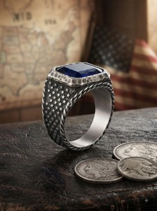 Bague pour homme vintage en argent sterling 925, saphir bleu profond, pierre précieuse naturelle, bague américaine - Product Image 1