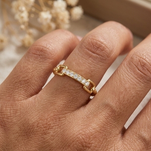 Pragalbh 14K Gold Rhodium Plated Diamond Bar <b>Ring</b> Minimalist Link Chain <b>Dainty</b> Pave Diamond for Men's Everyday Stacking Jewelry - Product Image 6