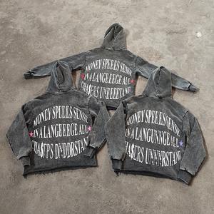 Sweat à capuche pour homme, coupe oversize et carrée, épaules tombantes, style vintage, déchiré, délavé à la pierre et à l'acide, ourlet court, avec logo personnalisé, vente en gros usine - Product Image 5