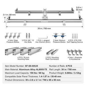 Kit de montage de panneaux solaires, 4 rails en aluminium de 30 pouces, 4 colliers de serrage d'extrémité et 2 colliers de serrage souples, système de fixation pour panneaux solaires - Product Image 4