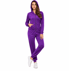Women <b>Velour</b> <b>Tracksuit</b> 2 Piece Hooded Jogger Set Full Sleeve Solid Color Zipper Closure Casual Sportswear - Product Image 6