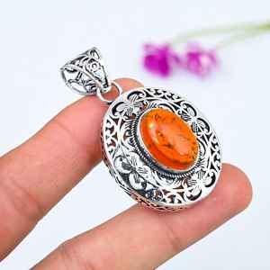 Magnifique pendentif ovale en argent sterling 925 fait main avec pierre précieuse en ambre de la Baltique, cadeau pour les femmes chérie. - Product Image 5