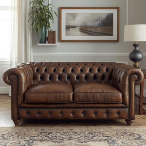 Sofá Loveseat Chesterfield Tradicional de Cuero Marrón con Tapizado Profundo con Botones, Sofá Clásico para Sala de Estar, Oficina, Decoración de Hotel - Product Image 1