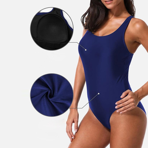 Maillot de bain de course pour femme, bleu marine uni, col rond, coupe haute, extensible en spandex, vente en gros - Product Image 4