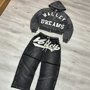 ชุดฮู้ดดี้และกางเกงวอร์ม Walley Dreams ประดับเพชรเทียม แบบซิป ยูนิเซ็กส์ ทรงโอเวอร์ไซส์ สตรีทแวร์ ผ้าเฟรนช์เทอร์รี่ถัก สำหรับฤดูใบไม้ร่วง - Product Image 1